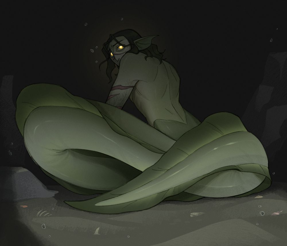 Drawing of Sulphur, a green eel merman. He is in a dark underwater cave, looking back at the camera with glowing yellow eyes.
