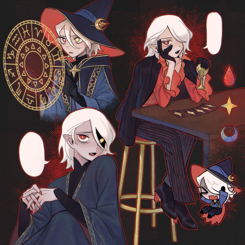 Art page of Andromeda, a pale vampire with short white hair. He is seen looking into a magic circle of zodiac signs with concern, laid back and talking with his fingers intertwined together, and sitting on a barstool and holding onto a chalice with tarot cards splayed on the surface.