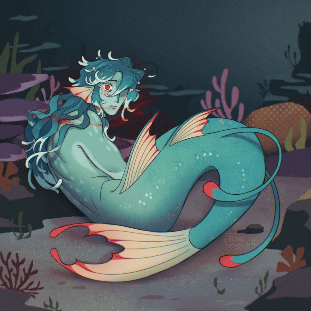 Drawing of Hali, a teal merman with wavy hair that resembles water. He is curled up in a secluded reef, looking back at us with bloodshot eyes. His tears are flowing up as bubbles. There's traces of blood around his face.