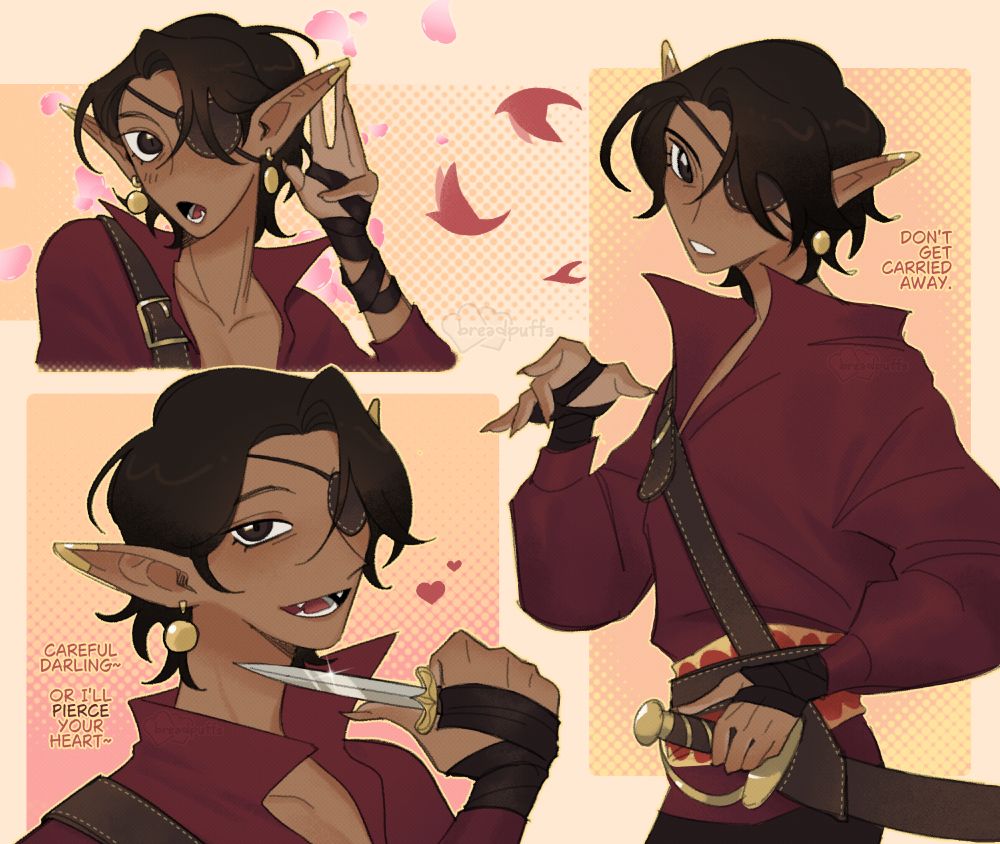 Digital Illustrations of my original character Pierce with his new shorter hair. Top left drawing is Pierce bringing one hand to his long pointy ear, making a gesture that he's listening. Bottom left drawing is Pierce holding a dagger to his throat and smiling at the viewer saying "Careful darling~ Or I'll PIERCE your heart~". Right drawing is Pierce grasping the handle of his saber and his other hand is raised up slightly limp and lazily pointing at the viewer saying "Don't get carried away."