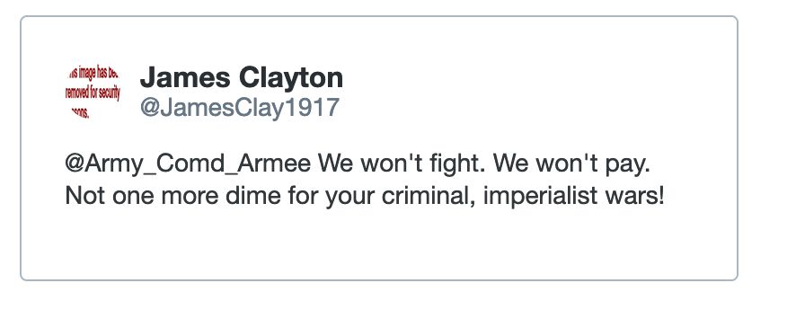I say to the Canadian Army "We won't fight. We won't pay. Not one more dime for your criminal, imperialist wars!" And the general responds by trying to silence my Twitter feed. I say is an enemy of free speech and the working class.