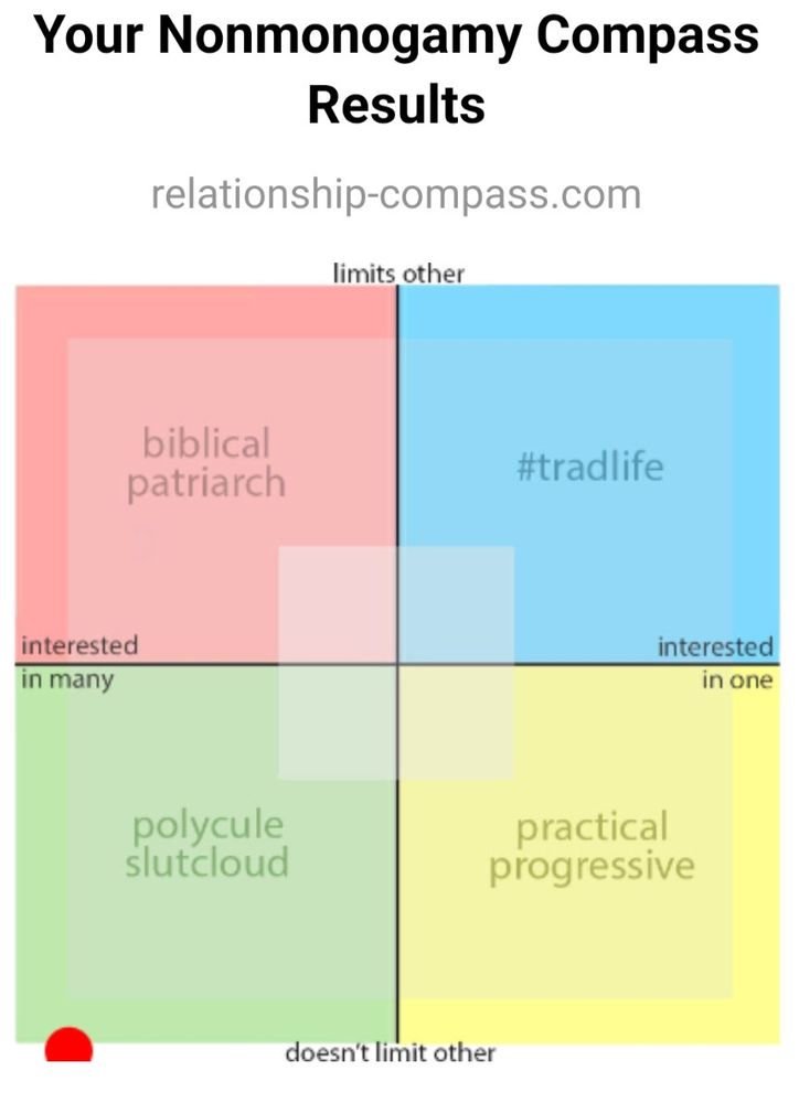 Your Nonmonogamy Compass Results

relationship-compass.com

A 2 axis graph with x+ being 'interested in one', x- being 'interested in many', y+ being 'limits other', and y- being 'doesn't limit other'

The y+, x- quadrant reads "biblical patriarch". The y+, x+ quadrant reads "#tradlife". The y-, x- quadrant reads "polycule slutcloud". The y-, x+ quadrant reads "practical progressive.

The red dot indicating my location on the graph is maxed all the way at y-, "doesn't limit other", and almost all the way at x-, "interested in many". This puts me firmly in "polycule slutcloud".
