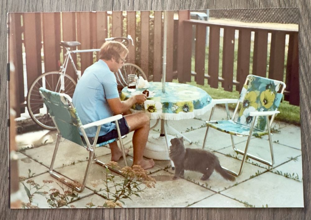 Concrete block patio with a brown fence and colourful floral lawn chairs and matching table cloth.
My Dad sitting and Smokey a grey cat looking up expectantly hoping to get a snack. 