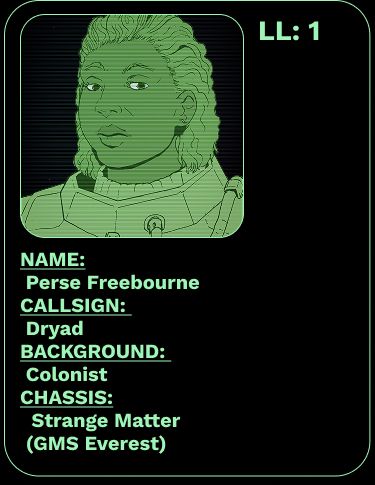 Portrait of a large black woman in heavy armor, her name is Perse Freebourne and her callsign dryad. She pilots a mech by the name of Strange Matter.