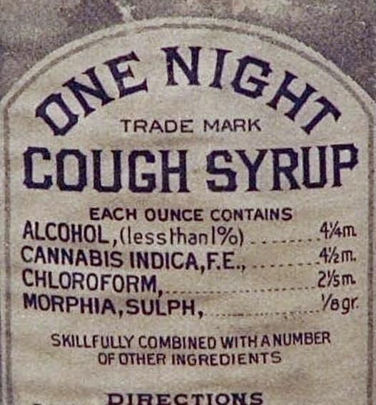 A vintage bottle of cough syrup, which contains alcohol, cannabis, chloroform, and morphine sulfate.