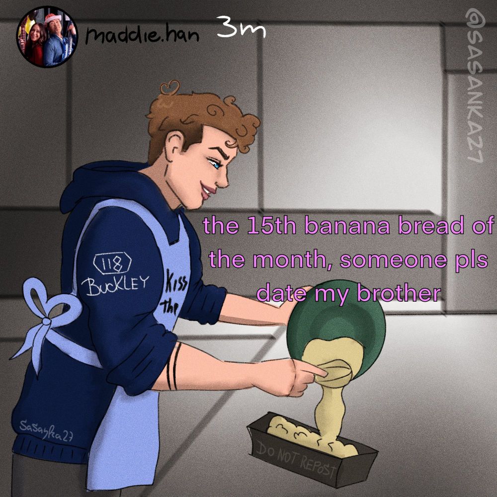 fanart of evan buckley from 911show baking banana bread 