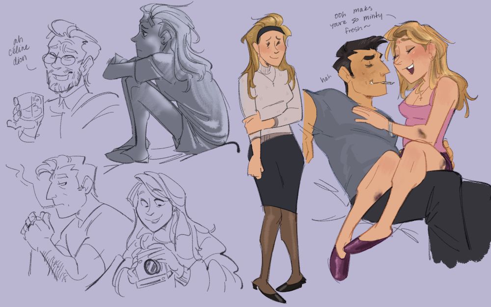 a sketchpage of emil, maks and celine in various poses and outfits