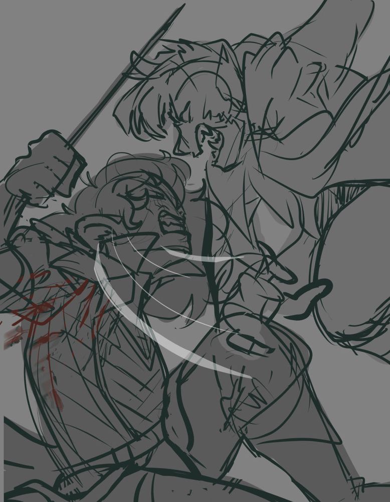 A sketched version of Hum and Bertrand locked in combat.