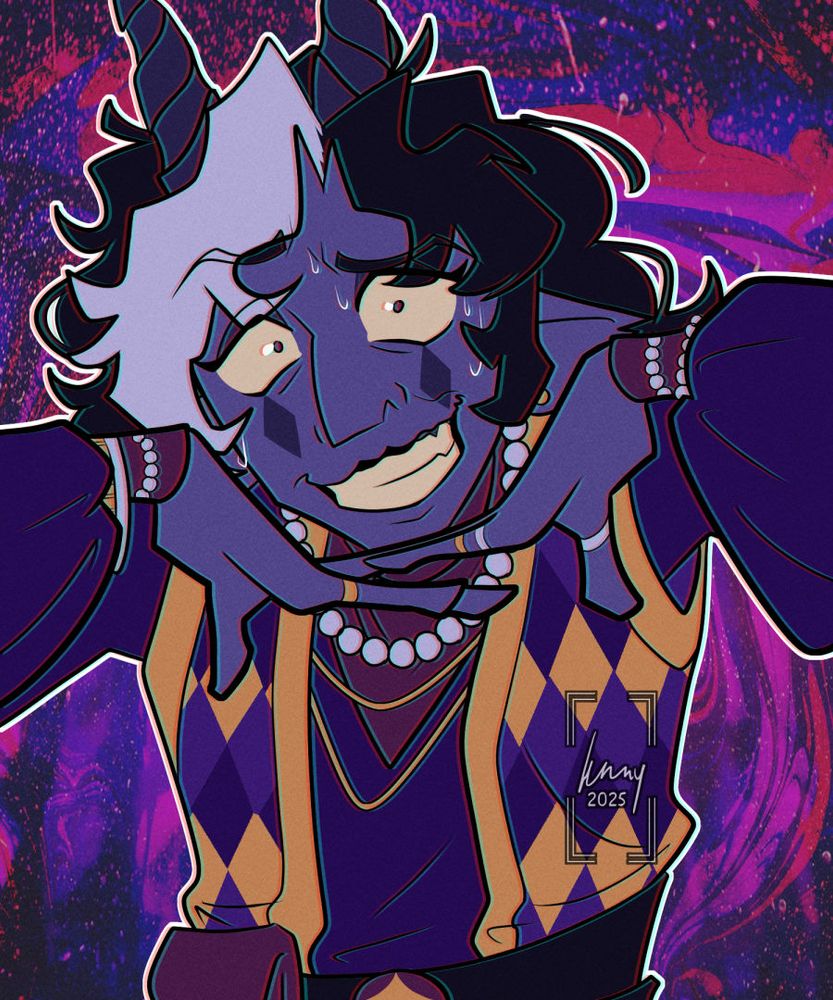 A digital halfbody illustration of The Collector (character belongs to @wholemleko.bsky.social). They have purple skin, dark hair with one side of his bangs being white, and dark purple twisting horns on top of their head. She wears purple and gold clothing, including a sweater decorated with a bold argyll pattern, and various pieces of jewellery. They're looking at the viewer while posing with their hands laced beneath their chin, and they're covered in sweat with a wide-eyed, terrified grin.