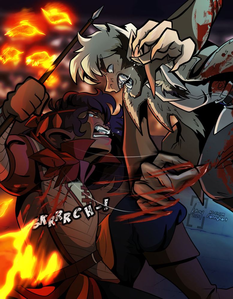 A digital illustration of a pit fight between Hum, a firbolg, and Bertrand, a human werewolf. Hum has brown fur and hair, and she wears herringbone armour overtop of primarily red-coloured clothes. She has a fiery hummingbird swarm around her. Bertrand has a light complexion, blonde and brown hair, and sharp teeth in his wolf form. He wears a fur-lined trench coat overtop of basic, neutrally-coloured shirt and pants. Hum and Bertrand lock eyes with fierce expressions as  Bertrand has swiped his claws across Hum's torso, drawing some blood.