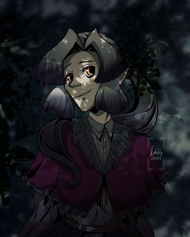 My college of spirits bard oc Del, under the effect of a Disguise Self spell. They appear as an androgynous pale half-elf with long white-to-black ombre hair in a tight ponytail, and are wearing a billowy grey shirt and burgundy shawl. They smile gently in the viewer's direction on an abstract forest background.
