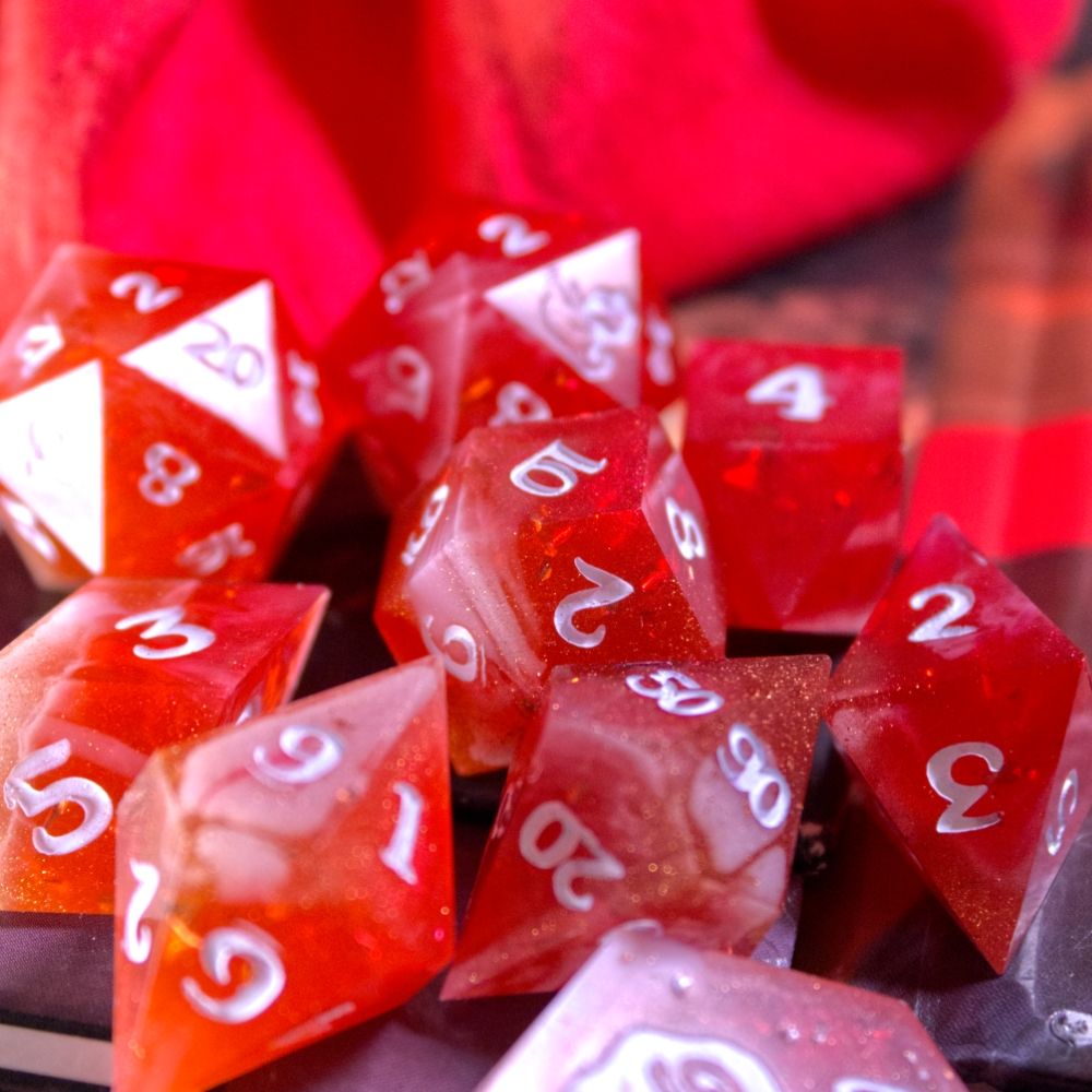 Red and white dice themed off of Classic D&D