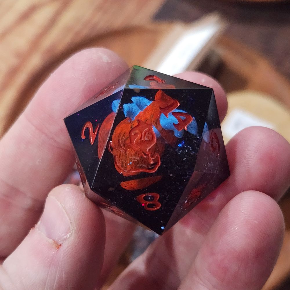 Jumbo D20 Dice with a 3d printed model of a human heart