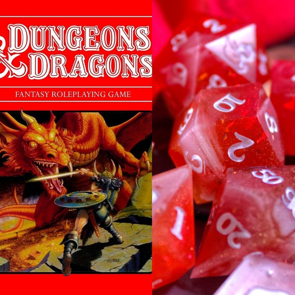 Red and white dice themed off of Classic D&D