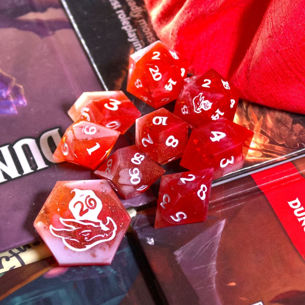 Red and white dice themed off of Classic D&D