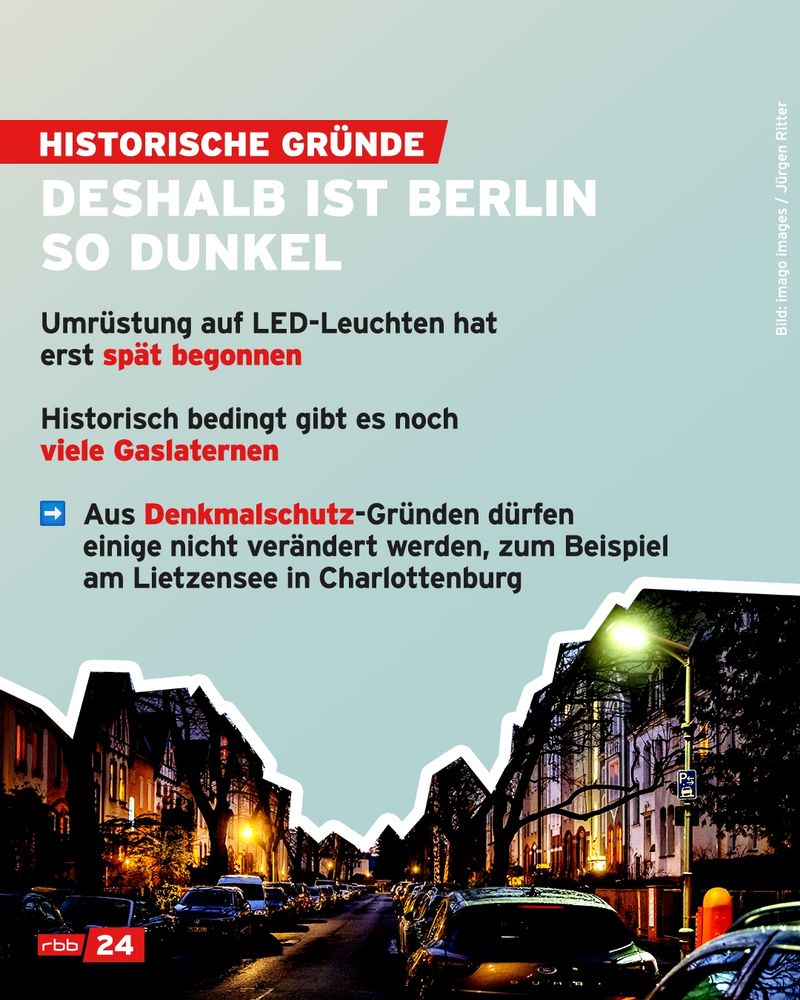 Infografik mit dem Titel „Historische Gründe – Deshalb ist Berlin so dunkel“. Im oberen Bereich steht auf hellblauem Hintergrund:

– Umrüstung auf LED-Leuchten hat erst spät begonnen
– Historisch bedingt gibt es noch viele Gaslaternen
– ➡️ Aus Denkmalschutz-Gründen dürfen einige nicht verändert werden, z. B. am Lietzensee in Charlottenburg

Im unteren Bereich: Foto einer Berliner Wohnstraße bei Nacht mit Altbauten, geparkten Autos und beleuchteten Straßenlaternen. Die Straßenbeleuchtung wirkt schwach. Quelle unten links: rbb24. Bildnachweis seitlich: Imago Images / Jürgen Ritter.