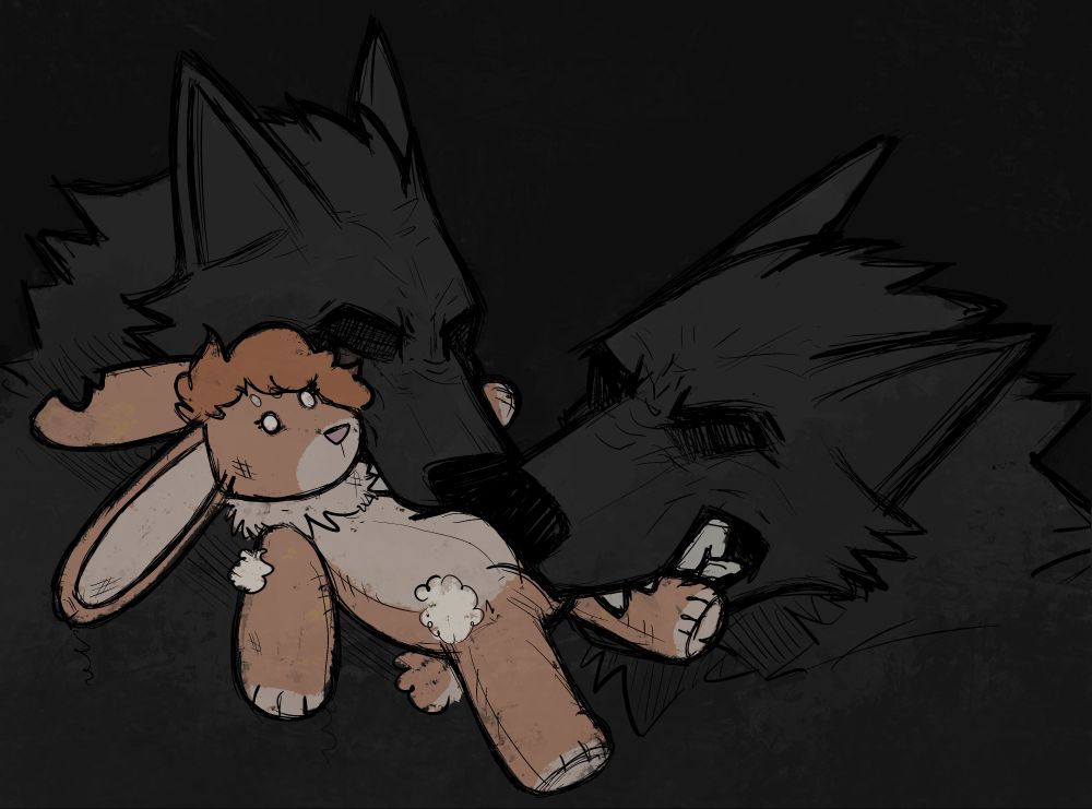 art of bunny skippy as a plushie getting ripped to shreds by two big angry snarling wolves