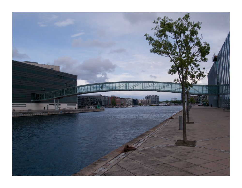 A bridge connecting two buildings across a waterway.