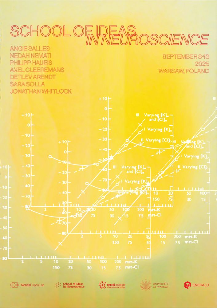 Poster for the School of Ideas in Neuroscience, it depicts a multiplied white vintage scientific diagram (voltage changes in different potassium and chloride concentrations) on a grainy yellow-green (with a tint of red) gradient. The text includes the name and dates of the school, as well as the list of confirmed guests: Angie Salles, Nedah Nemati, Philip Haueis, Axel Cleeremans, Detlev Arendt, Sara Solla, Jonathan Whitlock, and the list of sponsors.