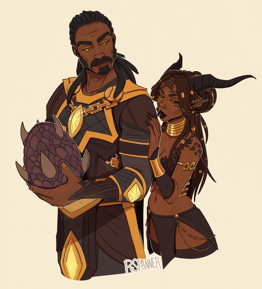 Sabellian holding a dragon egg as Zaxreksia leans in from behind him.