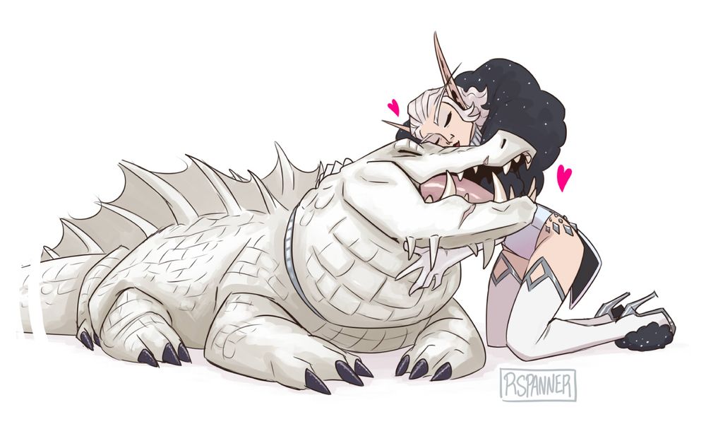 A blood elf kneeling down to kiss the top of a large white crocolisk's head. 