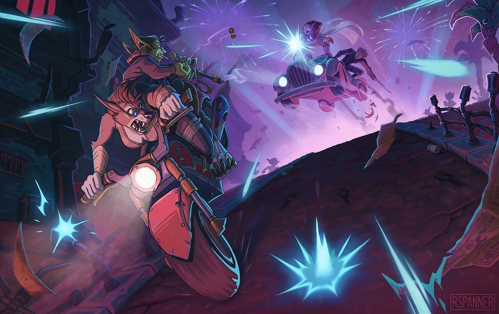 A chase scene in Undermine. Talula is driving a motorcycle with Enzo riding with her with his rifle, Kedari and Daedriel are being driven by a goblin in a car behind them. Kedari stands on the windshield of the car, firing her tommy gun wildly at the pair. The back tyre of the car has blown after being shot out by Enzo, who is reloading after the successful hit. 