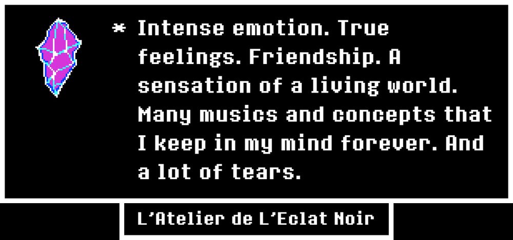 the text is : 
Intense emotion. True feelings. Friendship. a sensation of a living world. Many musics and concepts that I keep in my mind forever. And a lot of Tears.
Intense emotion. True feelings. Friendship. a sensation of a living world. Many musics and concepts that I keep in my mind forever. And a lot of Tears.

Intense emotion. True feelings. Friendship. A sensation of a living world. Many musics and concepts that I keep in my mind forever. And a lot of tears.
