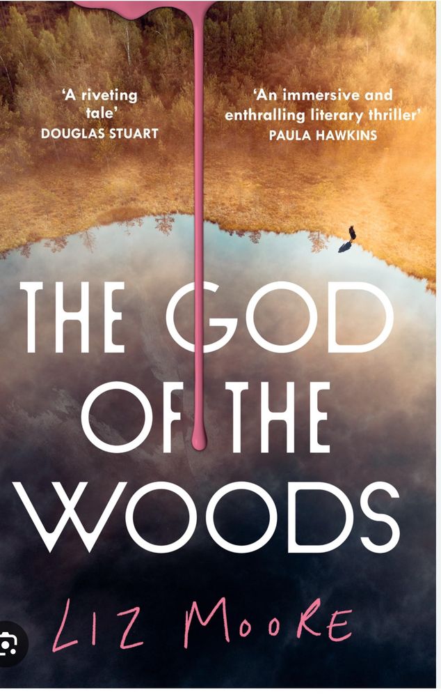 Book cover for “The God of the Woods” by Liz Moore. Featuring an upside down, abstract landscape that has a stream of pink paint running down it.  