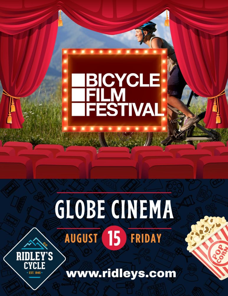 movie oster for bicycle film festival showing theatre with bike rider on screen and points to www.ridleys.com for tickets. 