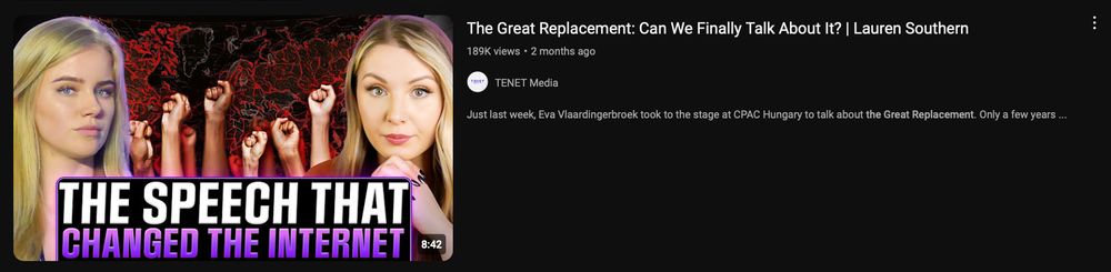 YouTube video of right-wing influencer Lauren Southern claiming that the Great Replacement conspiracy theory is real
