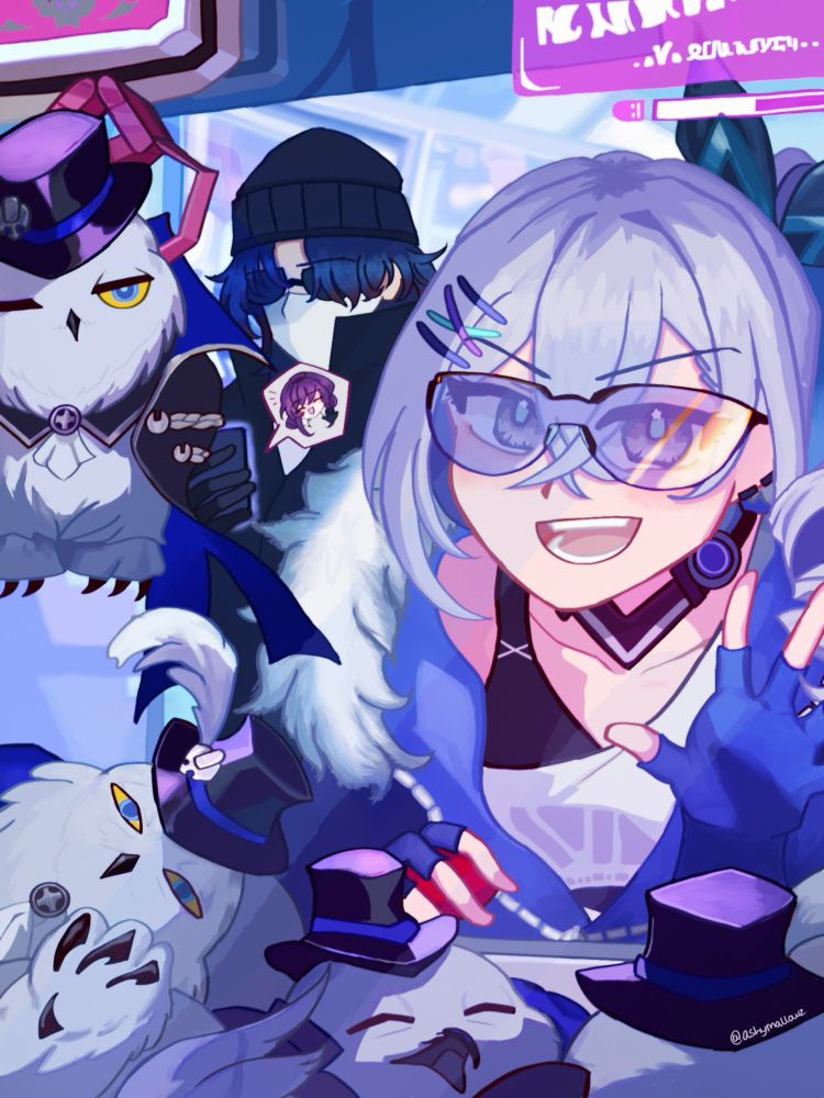 A fanart of Silver Wolf (Honkai Star Rail) LC “Before the Tutorial Mission Starts” where she can be seen playing a claw machine catching an Owlbert plushie while Blade is in the background wearing a disguise. Lastly a chibi of Kafka smiling can be seen.