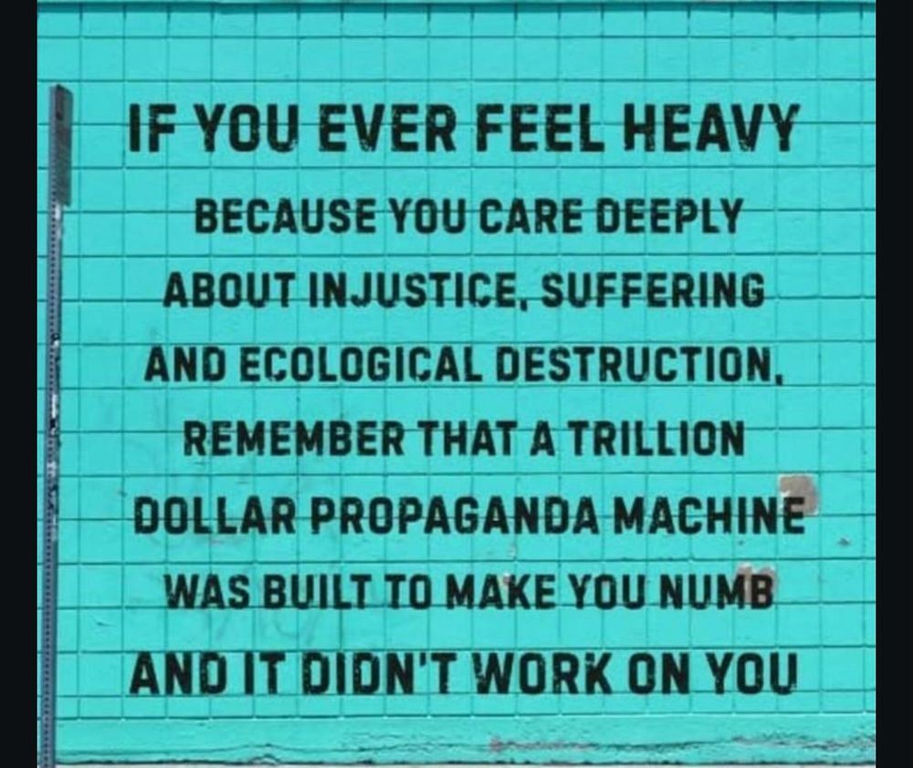 If you ever feel heavy because you care deeply about injustice suffering and ecological destruction remember that a trillion dollar propaganda machine was built to make you numb and it didn’t work on you 