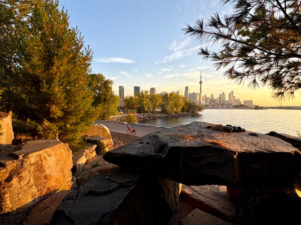 Sunrise over the Toronto waterfront viewed from a park. In the foreground, boulder formations are surrounded by evergreen trees with a path running alongside. The Toronto skyline is visible in the distance over a bay of water. 