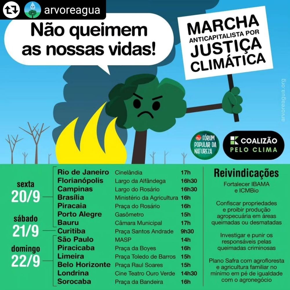 Cartaz com chamamento para protesto contra as queimadas em muitas cidades do Brasil. Marcados para sexta, sábado e domingo