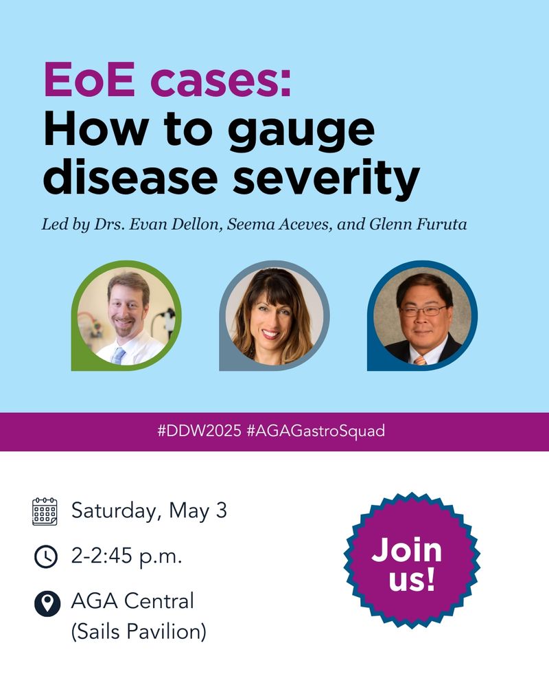 A promotional flier for a demonstration of I-SEE at AGA Central at 2 pm on May 3rd. Pictures of Drs. Evan Dellon, Seema Aceves, and Glenn Furuta are included. 