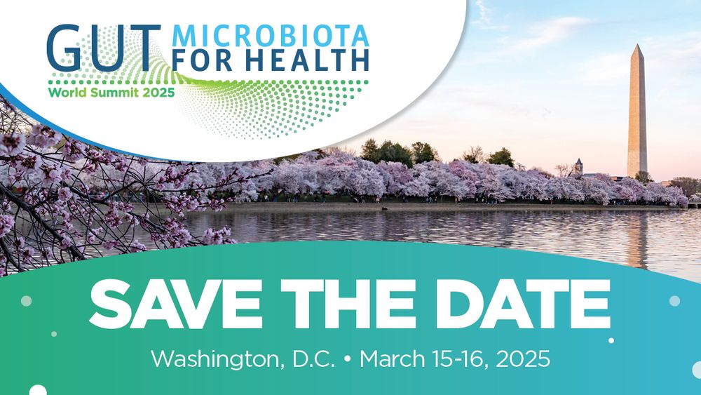 Gut Microbiota for Health Branded Save-the-Date with indicating the 2025 meeting is in Washington, DC, on March 15-16, 2025. A picture of the Tidal Basin cherry trees (RIP) and Washington Monument is included.
