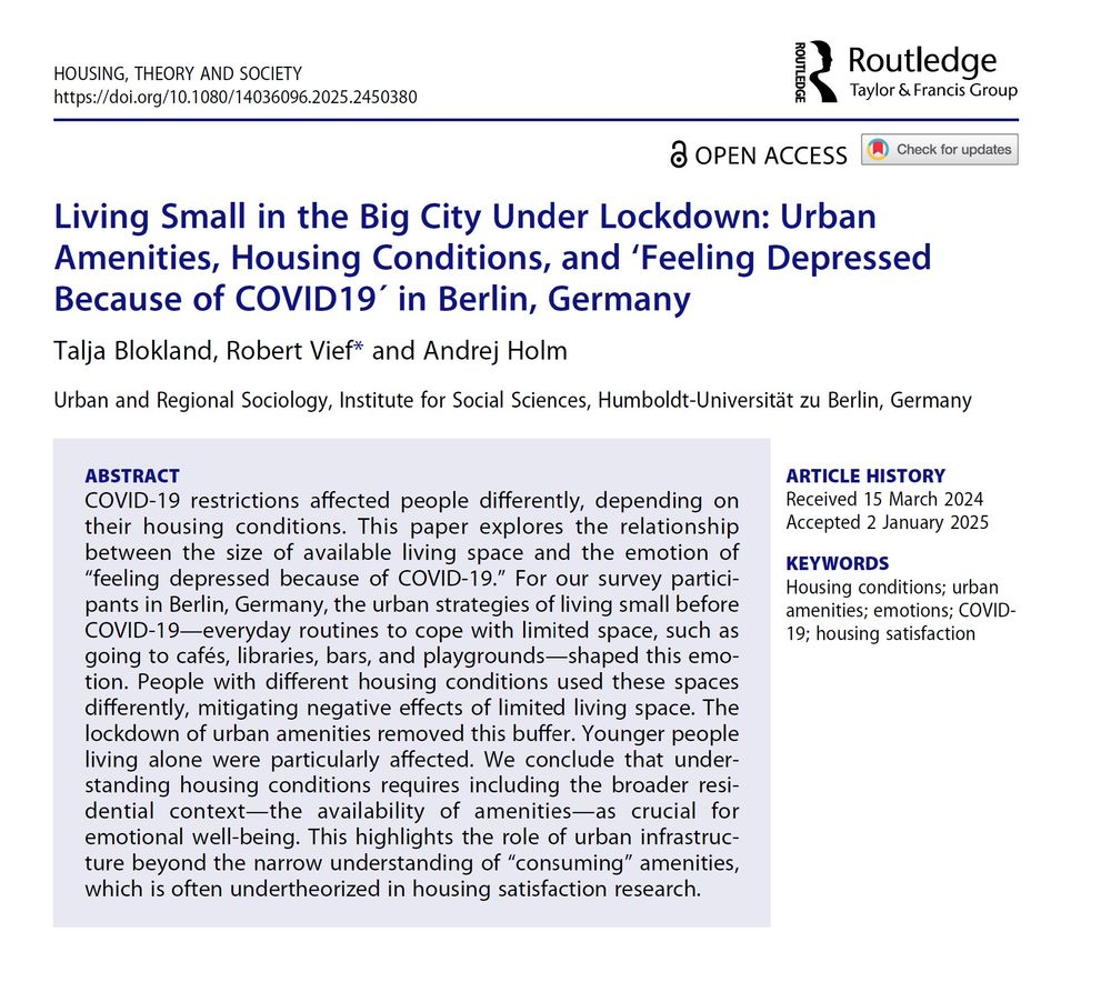 1/ New Publication 📜

We all felt it during COVID-19 lockdowns: size of your living space mattered somehow. But how exactly? 🤔

Our new study unpacks why small living spaces shaped the pandemic experience, and which groups were most negatively affected 

https://www.tandfonline.com/doi/full/10.1080/14036096.2025.2450380