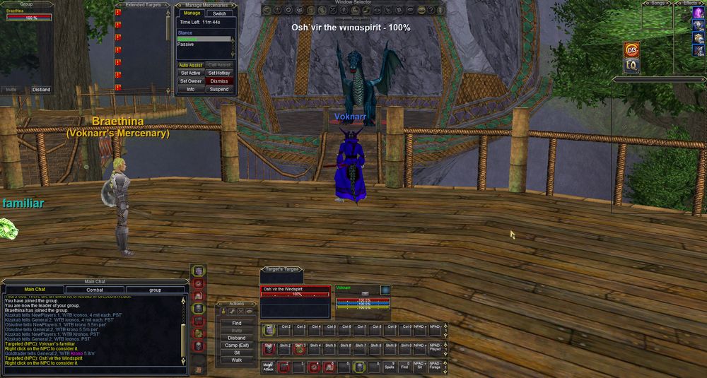 In a fantasy MMORPG, the player Voknarr approaches a perched dragon NPC named Osh`vir the Windspirit; the interface displays mercenary controls, action bars, and group chat on a large wooden balcony.