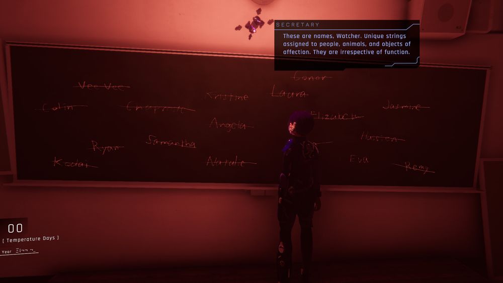 A dark, moody game scene showing a character standing in front of a chalkboard filled with names, some crossed out in red. A floating AI companion is explaining that names are unique strings given to people, animals, and objects.