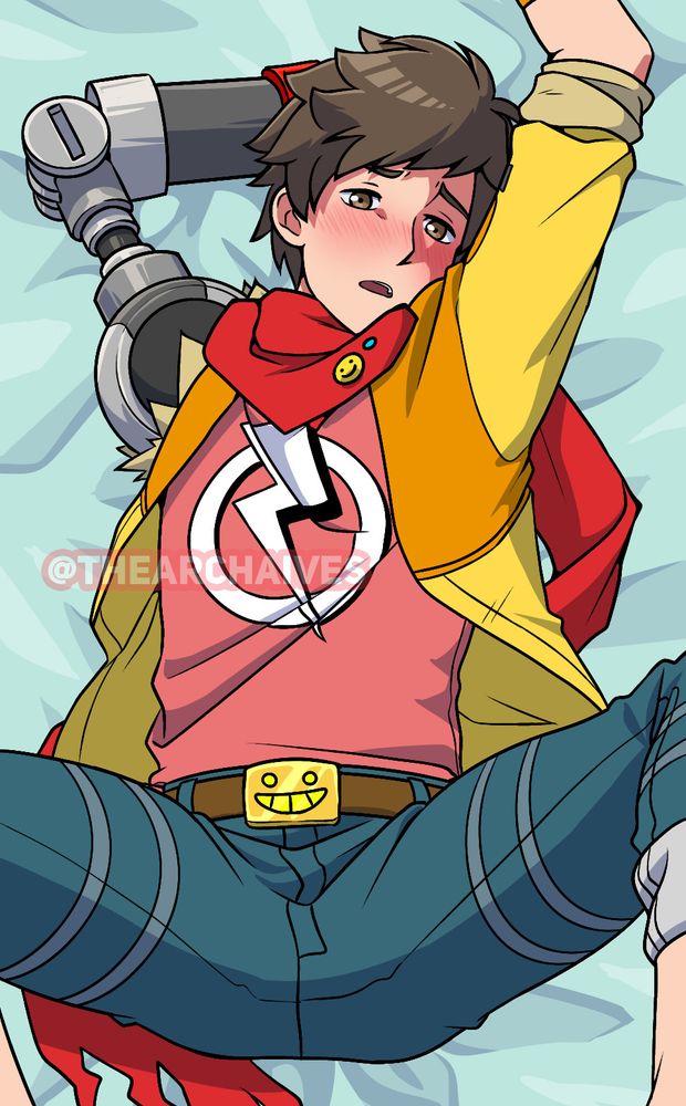 A man with a robot arm laying on a bed, fully clothed. He's looking at the camera and blushing.

*All images in this thread will be a variation on this image.