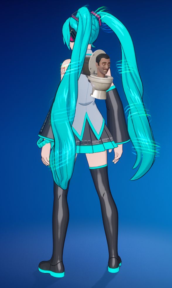 Hatsune Miku Fortnite skin wearing the Skibidi Toilet back bling.