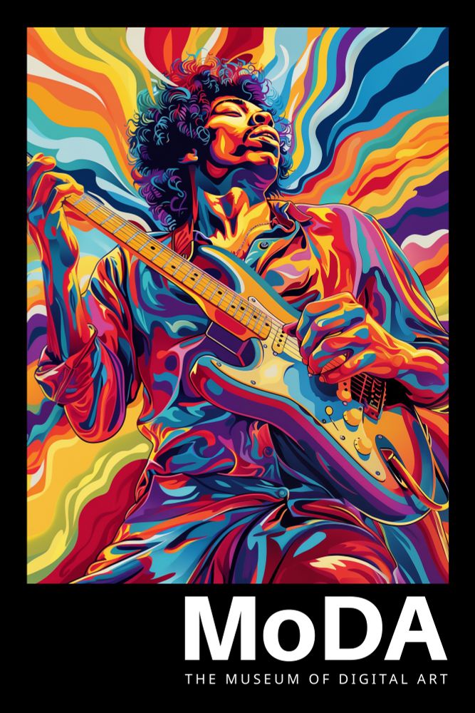 Poster for The Museum of Digital Art with a colorful, psychedelic illustration of the likeness of Jimi Hendrix playing the guitar