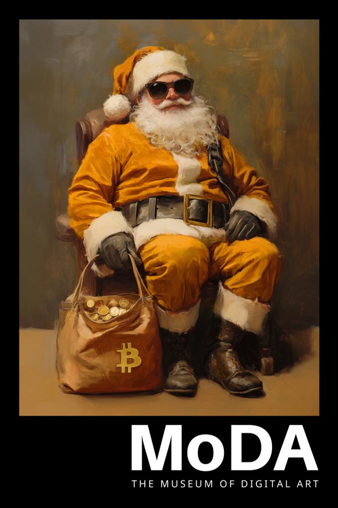 Poster branded with MoDA (The Museum of Digital Art) and showing a Santa Claus dressed in an orange Santa suit, sitting with a red canvas bag full of gold bitcoin by his side