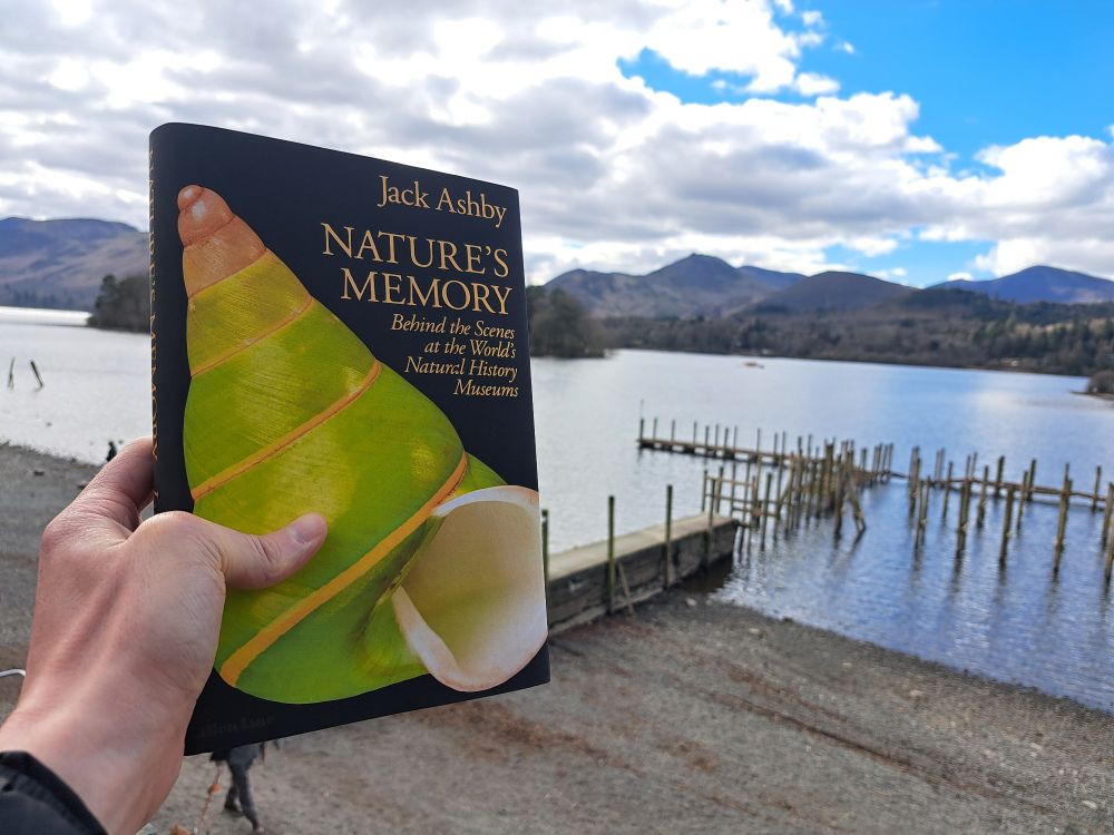 My hand holding a copy of Nature's Memory outdoors with a lakeshore behind and Lake District fells in the background 