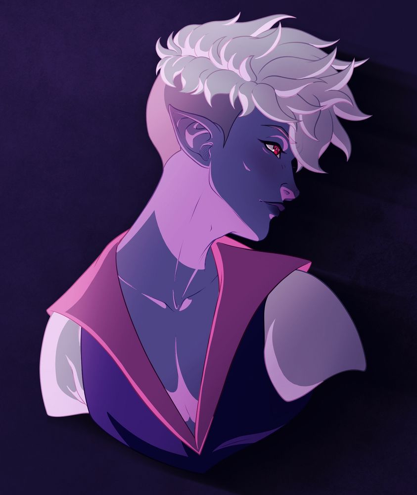 Drawing of a pretty male drow with dramatic pinkinsh lighting