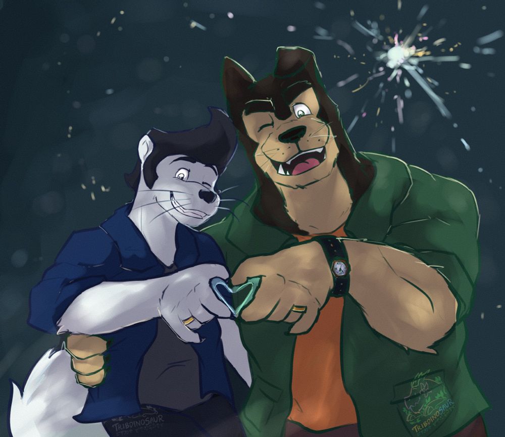 The drawing from the post in the previous image. Buddy Thunderstruck and Darnell wearing their wedding rings and standing shoulder to shoulder, making a heart shape with their thumb and index fingers against each other in a mirrored pose. They smile and wink while a grand firework is in the night sky behind them.