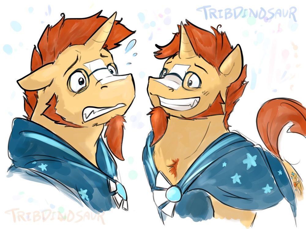 Drawings of Sunburst from My Little Pony: Friendship is Magic, one of him with a nervous expression, and one with a shy smile