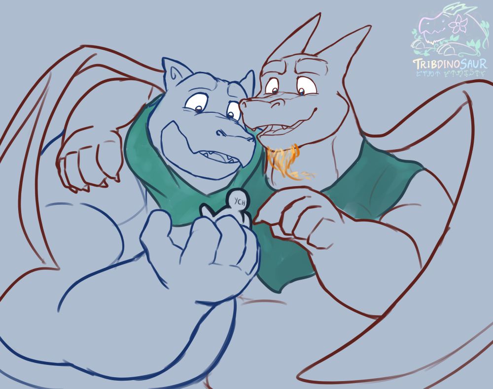 Drawing of Pokemon men Kurt the Blastoise and Rio the Charizard holding a small human-shaped character in the hands, smiling with friendly expressions.