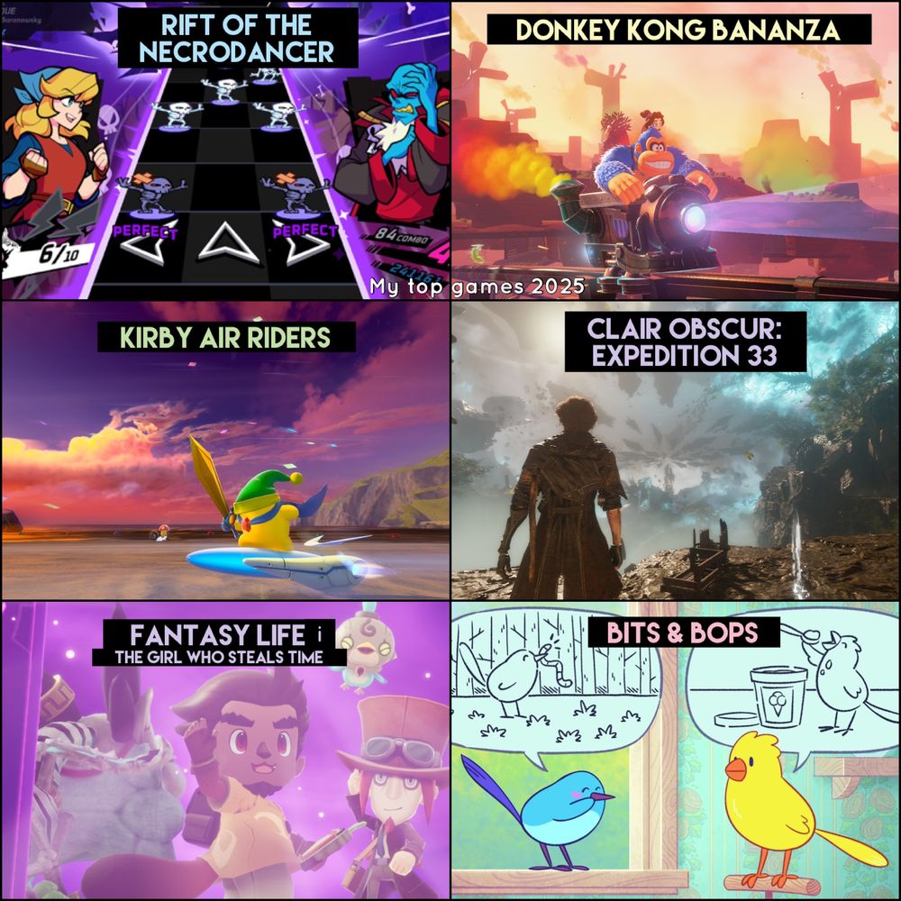 collage of screenshots from 'Rift of the Necrodancer', 'Donkey Kong Bananza', 'Kirby Air Riders', 'Clair Obscur: Expedition 33', 'Fantasy Life i', and 'Bits & Bops'