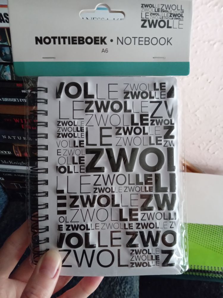 New A6 notebook, black and white and decorated with the word Zwolle on the cover 